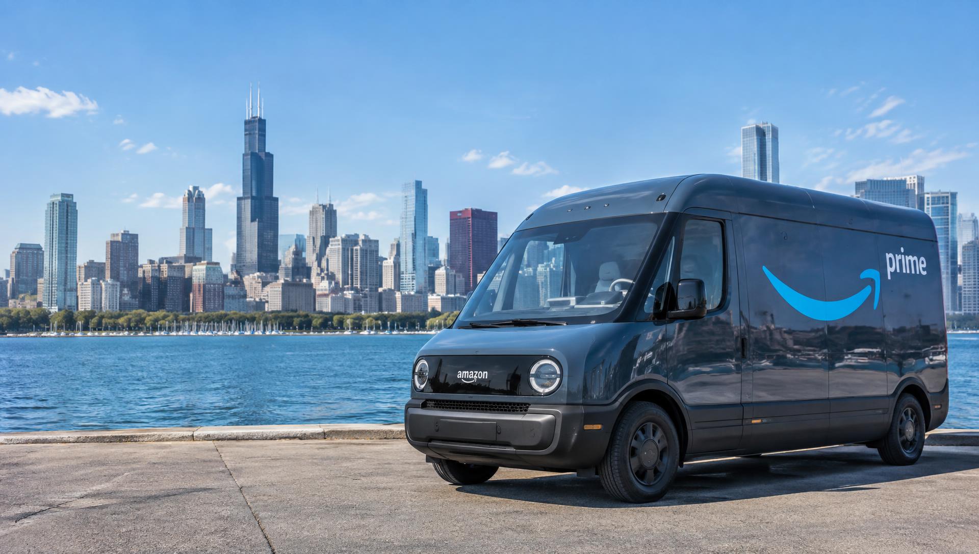 Amazon Prime cargo delivery van beside the downtown Chicago skyline